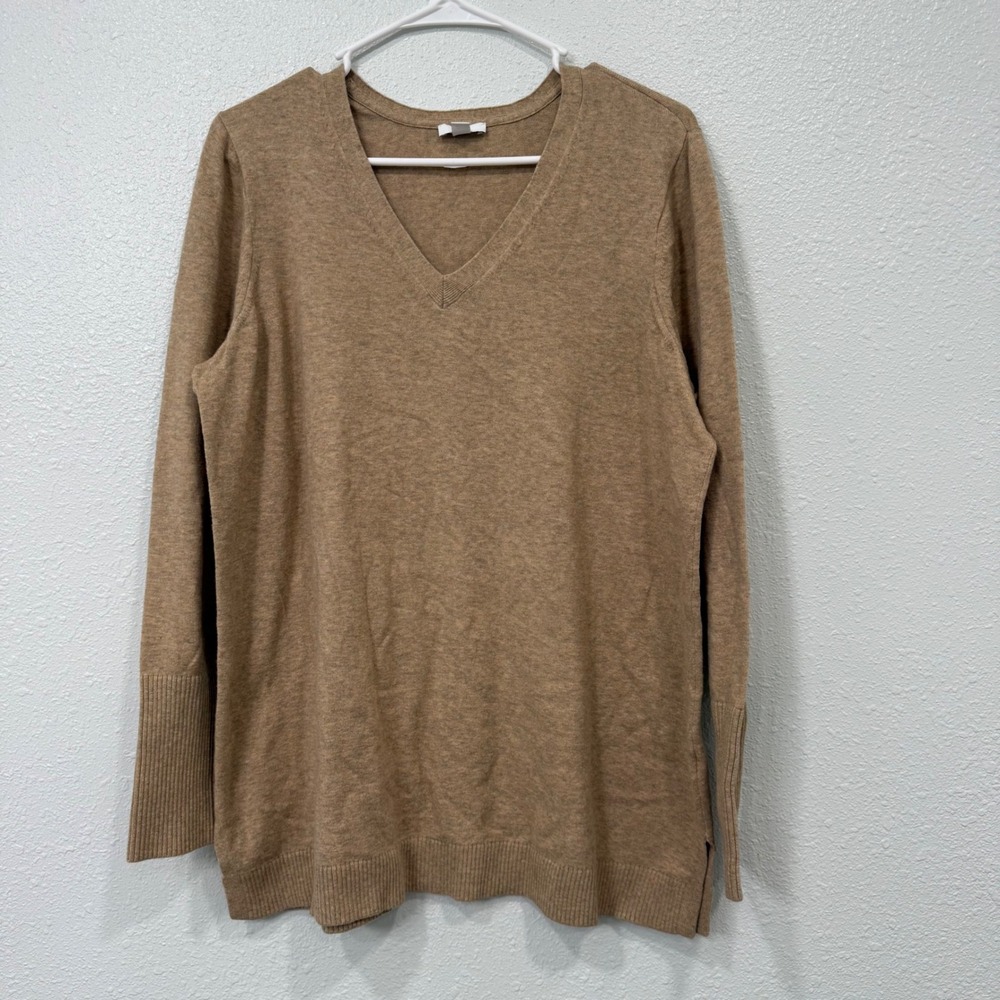 J. Jill Womens V-Neck Sweater Camel Tan Long Sleeve Ribbed Cuff Petite Large